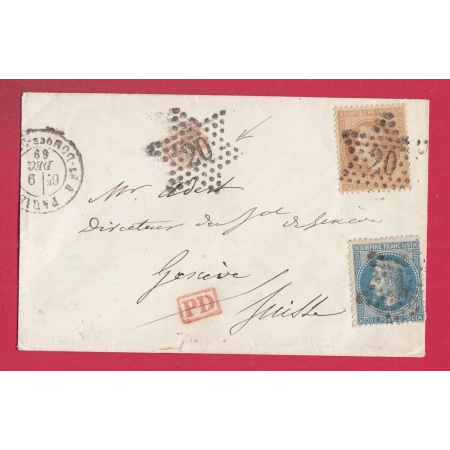 N°28 29 PARIS ETOILE 20 PD ROUGE ANNULE PAR ETOILE POUR GENEVE SUISSE 1869 LETTRE COVER