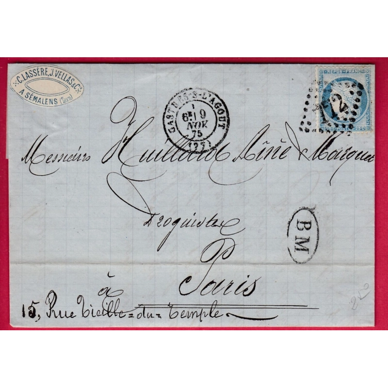 N°60 GC 772 CASTRES TARN BM SEMALENS ( ETIQUETTE PUB ) POUR PARIS LETTRE COVER