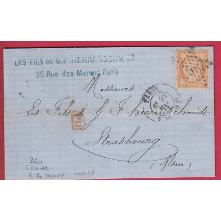 N°38 PARIS ETOILE 5 VARIETE 5 CASSE POTHION 3621 POUR STRASBOURG ALSACE LORRAINE ALLEMAGNE LETTRE COVER