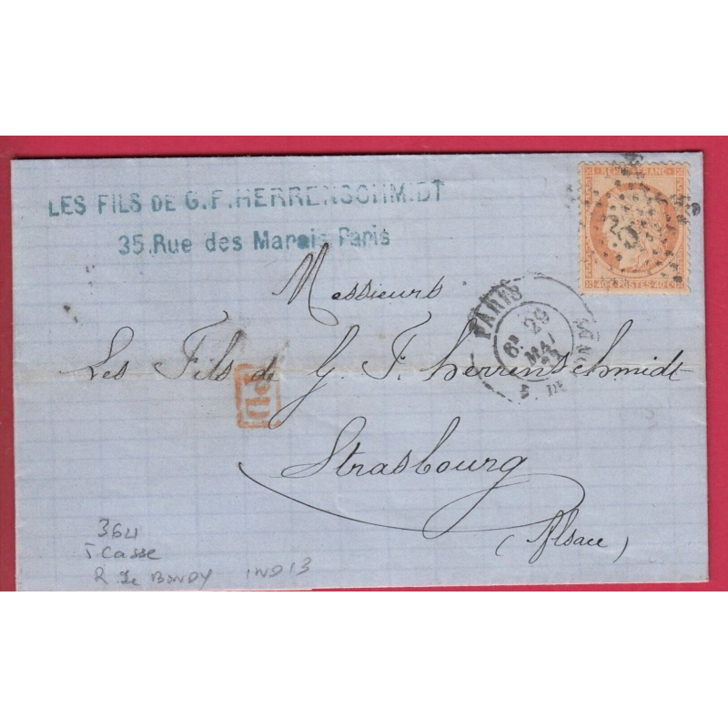 N°38 PARIS ETOILE 5 VARIETE 5 CASSE POTHION 3621 POUR STRASBOURG ALSACE LORRAINE ALLEMAGNE LETTRE COVER