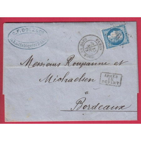 N°60 PARIS ETOILE 26 GARE DU NORD POUR BORDEAUX APRES LE DEPART LETTRE COVER