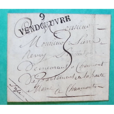 MARQUE 9 VENDOEUVRE VENDEUVRE AUBE POUR CHAUMONT HAUTE MARNE 44x12 1824 LETTRE COVER FRANCE