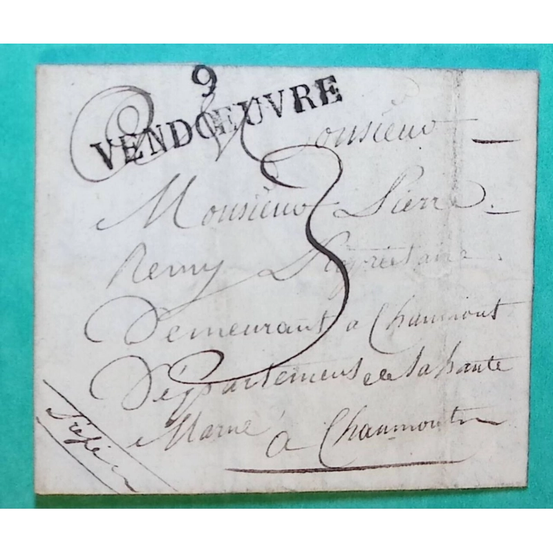 MARQUE 9 VENDOEUVRE VENDEUVRE AUBE POUR CHAUMONT HAUTE MARNE 44x12 1824 LETTRE COVER FRANCE