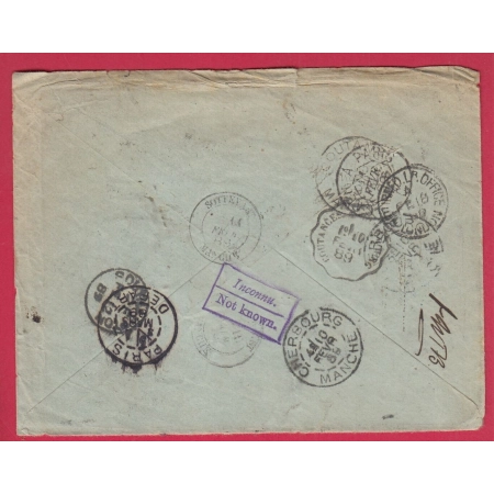 N°90 COUTANCES MANCHE TAXE 1d FB ANGLETERRE CHERBOURG REEXPEDIEE SOUTHAMPTON RETOUR ENVOYEUR RECLAMATIONS LETTRE COVER
