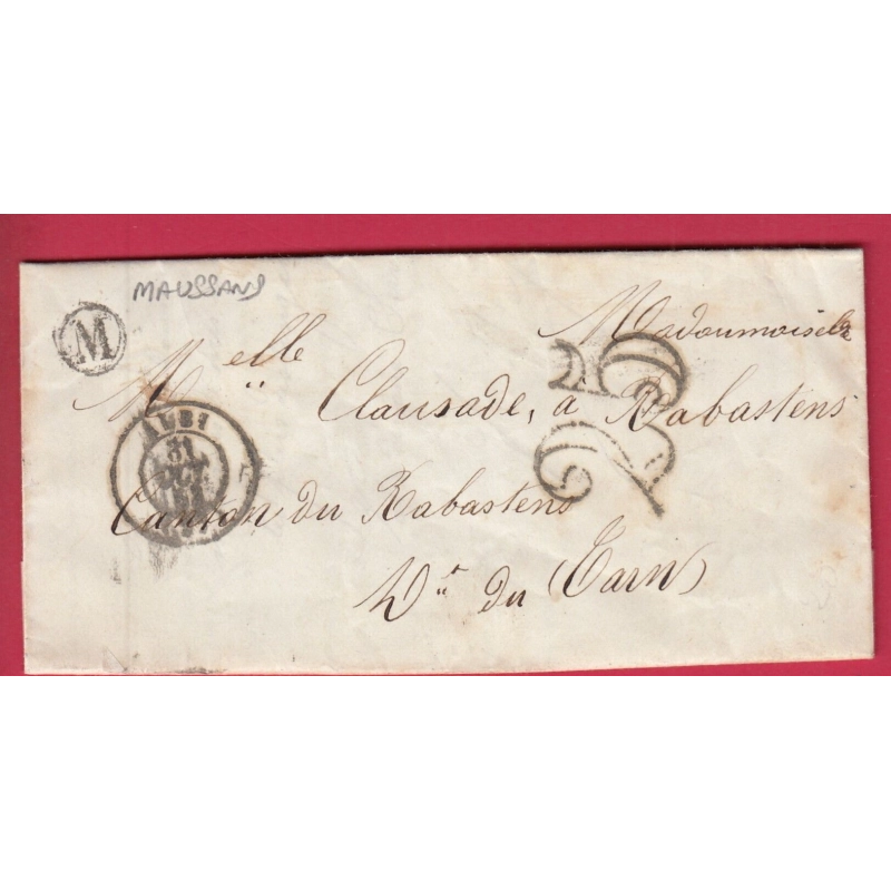 CAD TYPE 15 ALBI TARN BOITE RURALE M MAUSSANS POUR RABASTENS 1853 LETTRE COVER