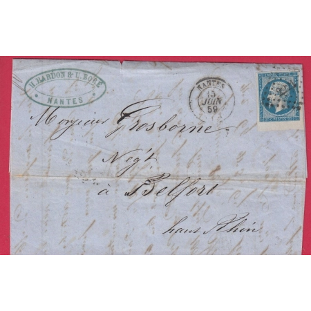 N°14 COIN DE FEUILLE PC 2221 NANTES POUR BELFORT 1859 LETTRE COVER