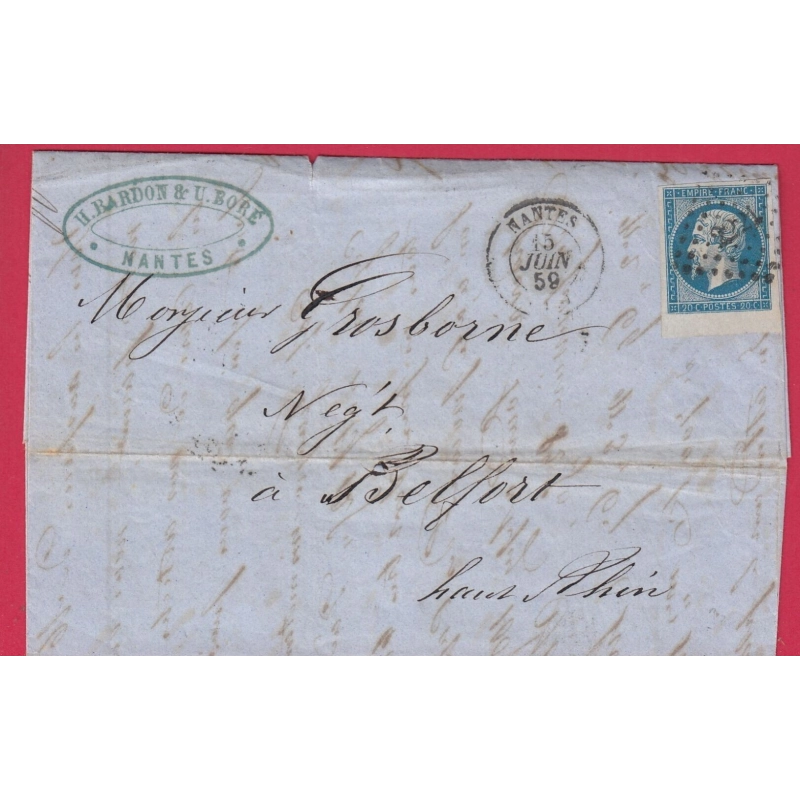 N°14 COIN DE FEUILLE PC 2221 NANTES POUR BELFORT 1859 LETTRE COVER