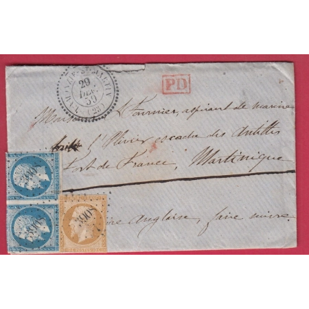 N°14 PAIRE 13 PC 3908 LAMONZIE ST MARTIN DORDOGNE POUR UN MILITAIRE A LA MARTINIQUE CAD TYPE22 1859 LETTRE COVER