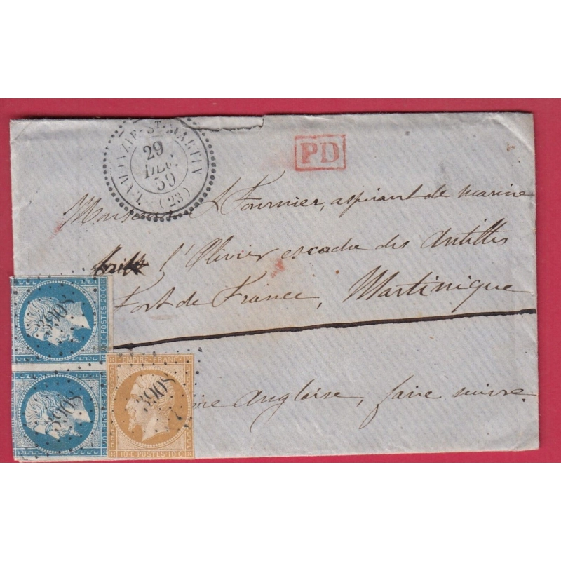 N°14 PAIRE 13 PC 3908 LAMONZIE ST MARTIN DORDOGNE POUR UN MILITAIRE A LA MARTINIQUE CAD TYPE22 1859 LETTRE COVER
