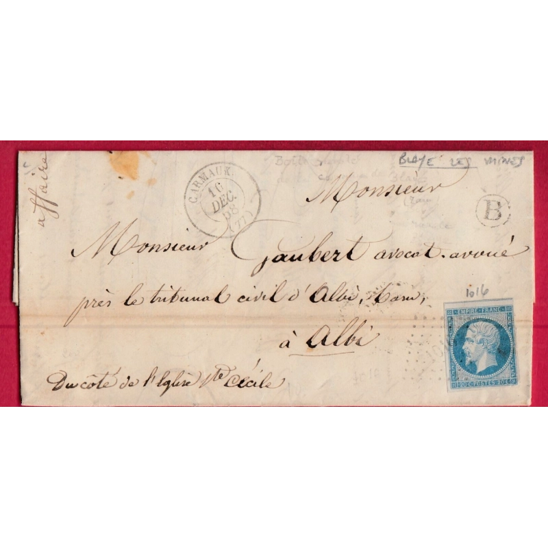 N°14 PC 1016 CARMAUX BOITE RURALE B BLAYE LES MINES TARN POUR ALBI LETTRE COVER