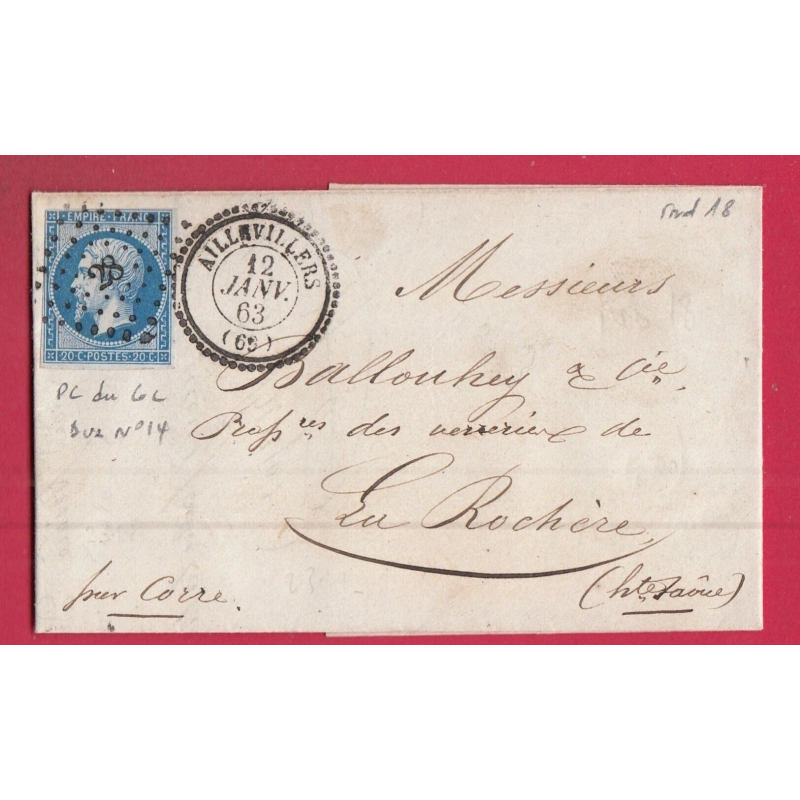 RARE PC DU GC SUR N°14 PC 28 AILLEVILLERS HAUTE SAONE CAD TYPE 22 POUR LA ROCHERE LETTRE COVER