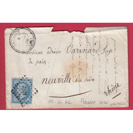 N°22 PC DU GC PERREUX LOIRE CAD TYPE 22 RARE NON SIGNALE PAR POTHION POUR NEUVILLE SUR SAONE LETTRE COVER