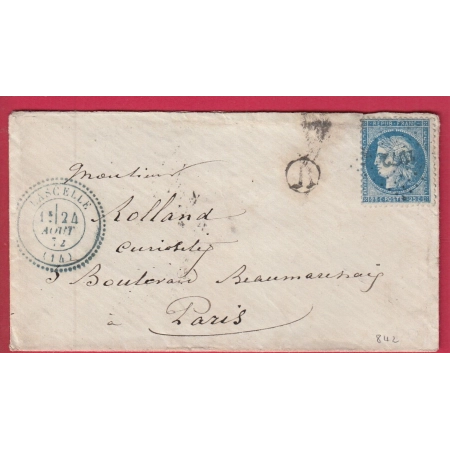 N°60 RARE PC DU GC EN BLEU 1072 LASCELLE CANTAL POUR PARIS LETTRE COVER