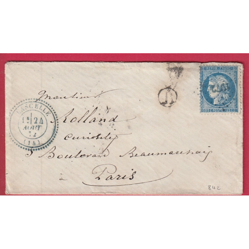 N°60 RARE PC DU GC EN BLEU 1072 LASCELLE CANTAL POUR PARIS LETTRE COVER
