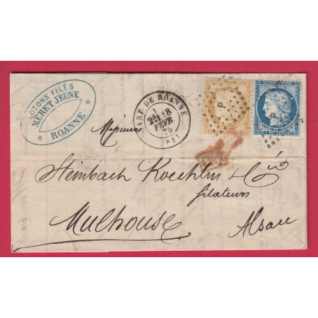 N°55 60 GARE DE ROANNE LOIRE LOSANGE PC AMBULANT POUR MULHOUSE HAUT RHIN ALSACE LORRAINE ALLEMAGNE LETTRE COVER