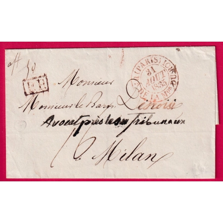 CAD TYPE 13 PARIS BUREAU DE LA MAISON DU ROI 1835 PP ROUGE POUR MILAN ITALIE ITALIA LETTRE COVER