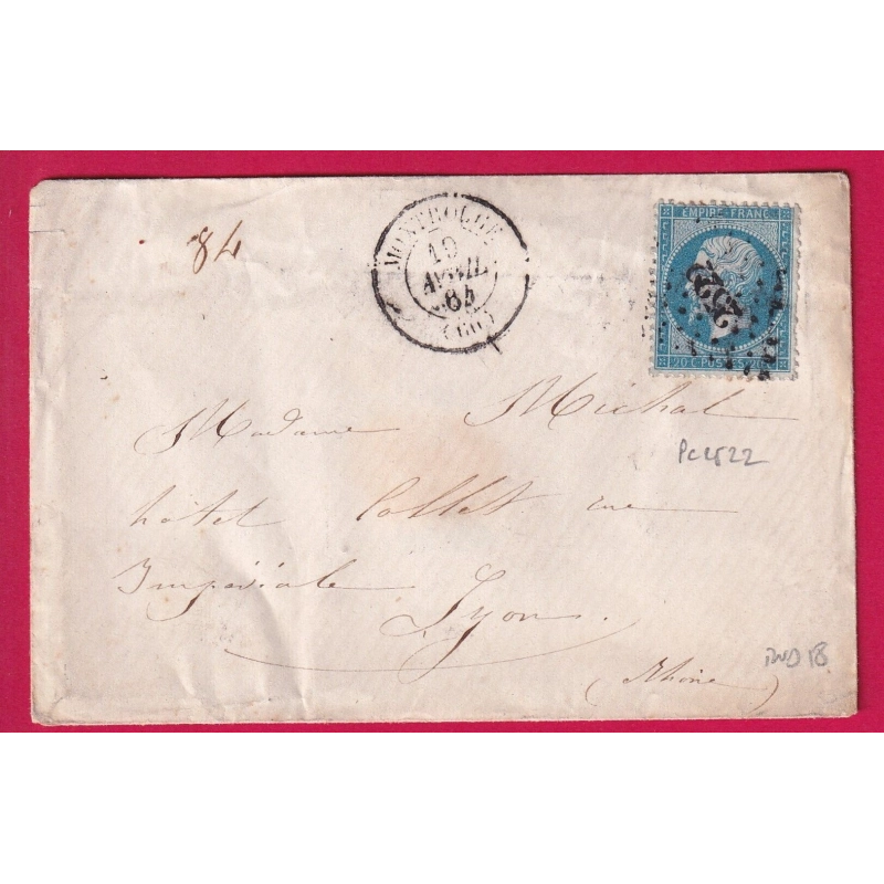 N°22 PC DU GC 2522 MONTROUGE SEINE 1864 POUR LYON INDICE 18 LETTRE COVER