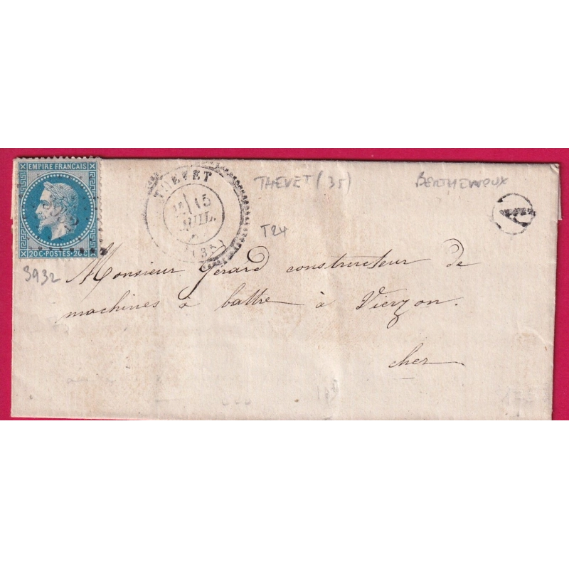 N°29 PC DU GC 3932 THEVET INDRE CAD TYPE 24 BOITE RURALE A BERTHENOUX POUR VIERZON INDICE 18 LETTRE COVER