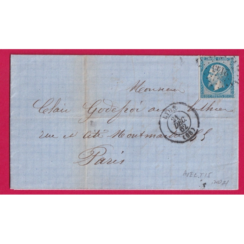 N°22 PC DU GC 2145 LYON RHONE 21 DEC 1862 POUR PARIS CAD TYPE 15 INDICE 21 RARE LETTRE COVER