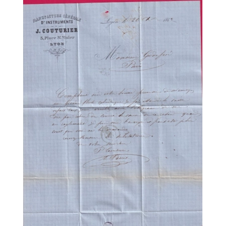 N°22 PC DU GC 2145 LYON RHONE 21 DEC 1862 POUR PARIS CAD TYPE 15 INDICE 21 RARE LETTRE COVER