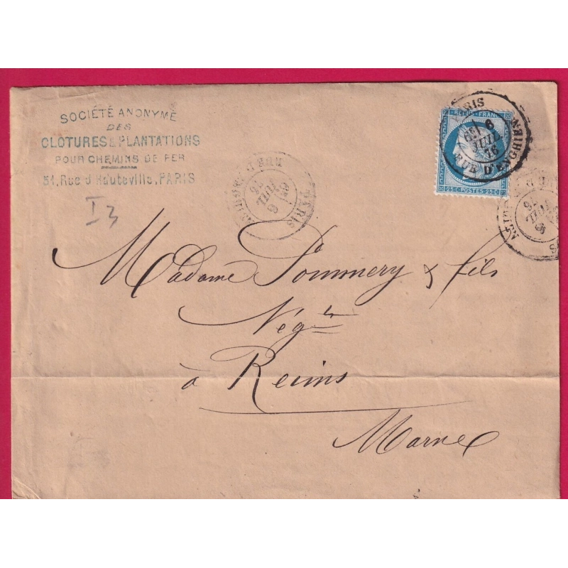 N°60 CAD TYPE 17 PARIS RUE D'ENGHIENS POUR REIMS MARNE LETTRE COVER