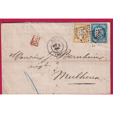 N°55 60 GC 1307 DIJON COTE D'OR POUR MULHOUSE HAUT RHIN ALSACE LORRAINE ALLEMAGNE LETTRE COVER
