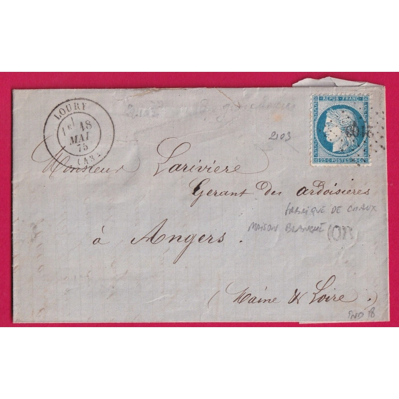 N°60 PC DU GC 2103 LOURY LOIRET OR FABRIQUE DE CHAUX DE MAISON BLANCHE ANGERS MAINE ET LOIRE LETTRE COVER