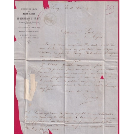 N°60 PC DU GC 2103 LOURY LOIRET OR FABRIQUE DE CHAUX DE MAISON BLANCHE ANGERS MAINE ET LOIRE LETTRE COVER