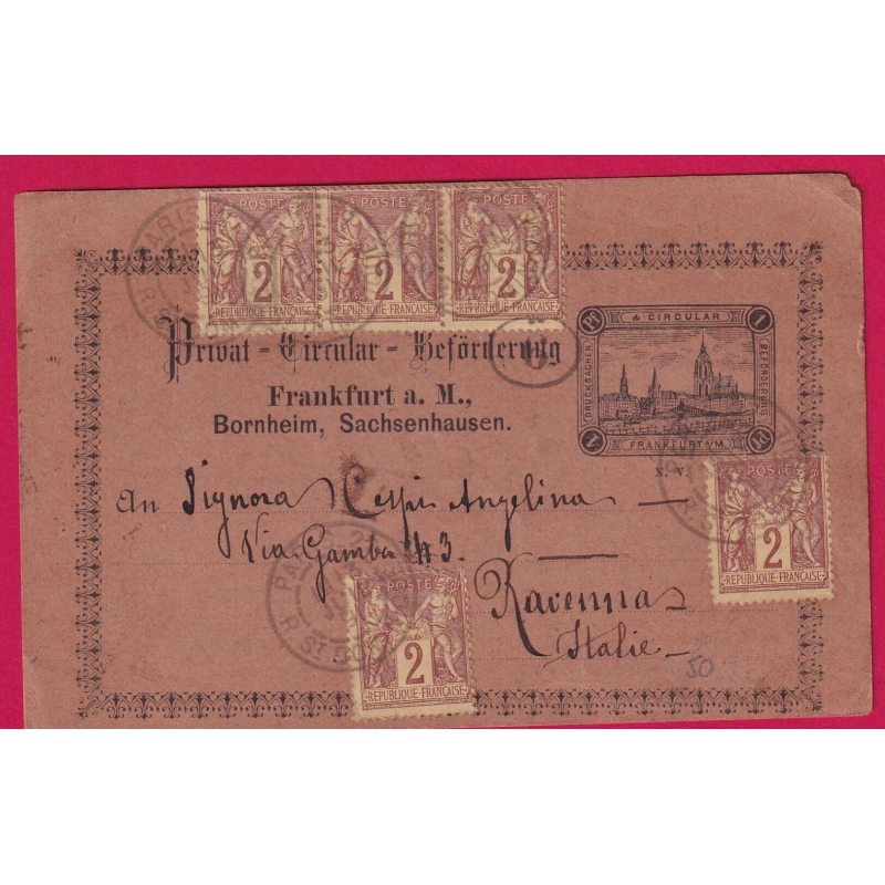 N°85 X5 PARIS 1891 R ST DOMINIQUE SUR ENTIER POSTE LOCALE FRANKFURT ALLEMAGNE POUR RAVENNA ITALIE ITALIA LETTRE COVER