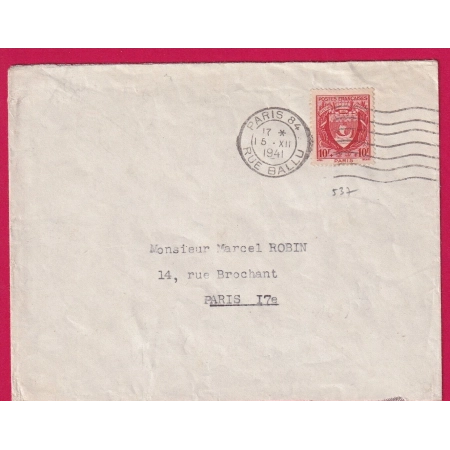 N° 537 SEUL SUR LETTRE PARIS RUE BALLU 1941 POUR PARIS LETTRE COVER