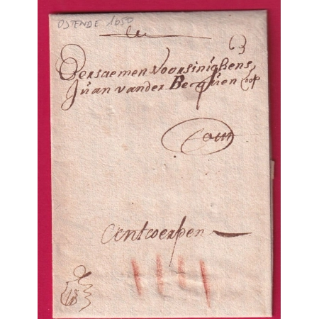 LETTRE DE 1650 TAXE ESPAGNOLE IIII OSTENDE BELGIQUE POUR ANVERS LETTRE COVER