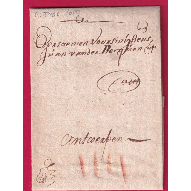 LETTRE DE 1650 TAXE ESPAGNOLE IIII OSTENDE BELGIQUE POUR ANVERS LETTRE COVER