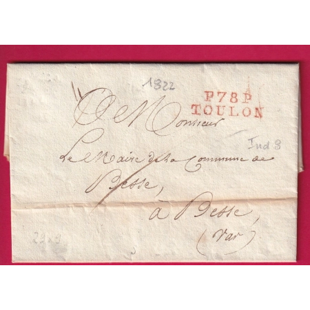 MARQUE P78P TOULON VAR EN ROUGE 1822 POUR BESSE LETTRE COVER