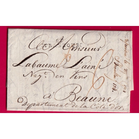 MARQUE 67 STRASBOURG BAS RHIN ACHEMINE DE FRANKFURT ALLEMAGNE 1804 MARQUE ACHEMINEUR MANUSCRIT AU DOS BEAUNE COTE D'OR
