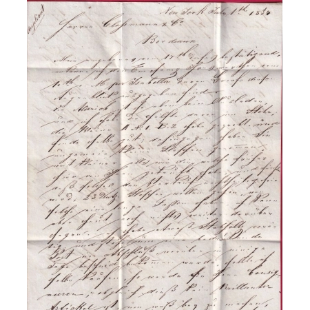 MARQUE PAYS OUTREMER PAR LE HAVRE NEW YORK USA 1834 POUR BORDEAUX LETTRE COVER