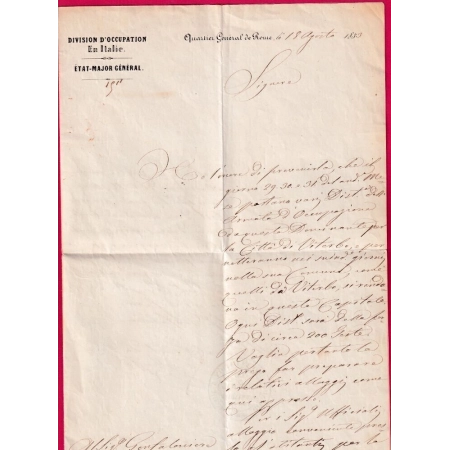 ETAT MAJOR QUARTIER GENERAL ARMEE ITALIE CORPS OCCUPATION ROME 1853 SIGNE LE GENERAL COMMANDANT LETTRE COVER
