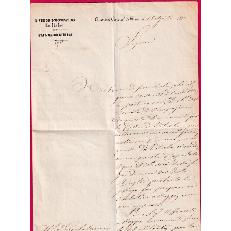 ETAT MAJOR QUARTIER GENERAL ARMEE ITALIE CORPS OCCUPATION ROME 1853 SIGNE LE GENERAL COMMANDANT LETTRE COVER