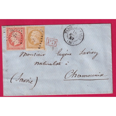 N°13 16 PC 2366 PASSY LES PARIS SEINE 1857 POUR CHAMONIX ETATS SARDE HAUTE SAVOIE CAD SARDE EN BLEU AU DOS LETTRE COVER