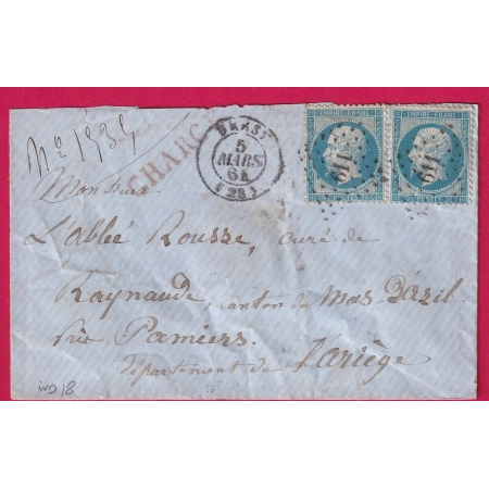 N°22 X2 PC DU GC 611 BREST FINISTERE LETTRE CHARGE POUR PAMIERS ARIEGE INDICE 18 COVER