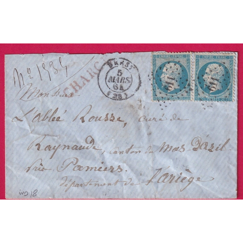 N°22 X2 PC DU GC 611 BREST FINISTERE LETTRE CHARGE POUR PAMIERS ARIEGE INDICE 18 COVER