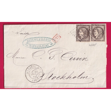 N°56 X2 BRUN FONCE GC 4775 MAREUIL SUR AY MARNE POUR STOCKHOLM SUEDE SWEDEN 1873 LETTRE COVER