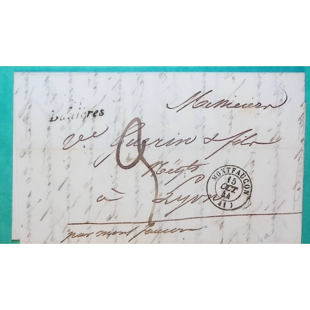 CAD TYPE 15A MONTFAUCON DU VELAY HAUTE LOIRE + CURSIVE DUNIERES POUR LYON RHONE 1844 LETTRE COVER FRANCE