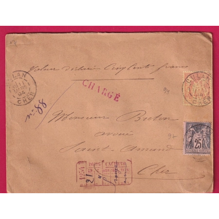 N°94 97 CULAN CHER AVIS CHARGEMENT ROUGE POUR ST AMAND LETTRE COVER