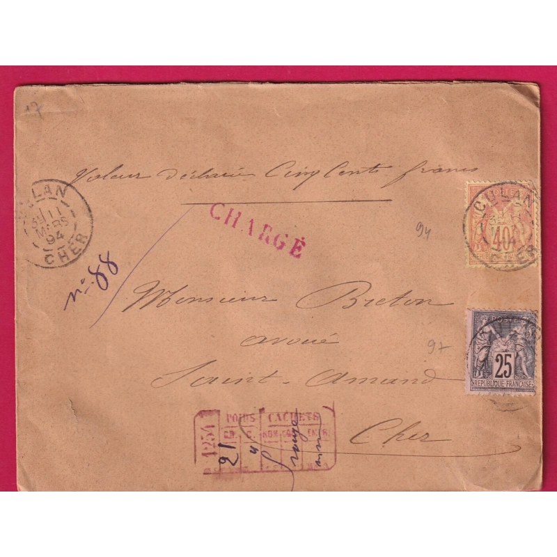 N°94 97 CULAN CHER AVIS CHARGEMENT ROUGE POUR ST AMAND LETTRE COVER