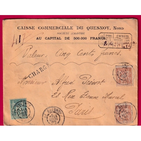 N°80 X2 75 LE QUESNOY NORD AVIS CHARGEMENT NOIR AU RECTO POUR PARIS 1889 LETTRE COVER