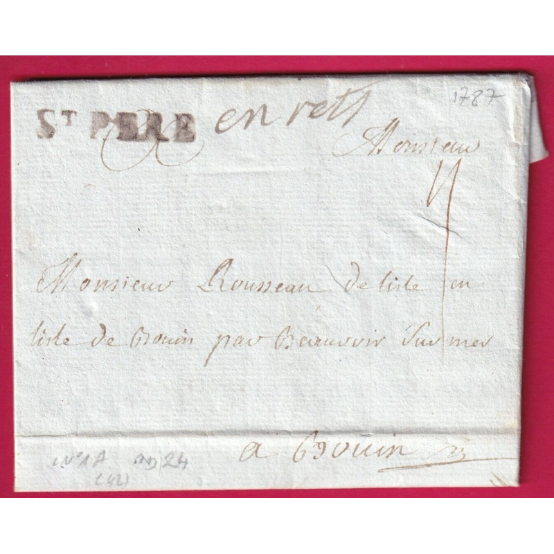 MARQUE ST PERE EN RETZ LOIRE INFERIEURE LENAIN N°1A 1787 POUR ISLE DE BOUIN VENDEE INDICE 24 LETTRE COVER
