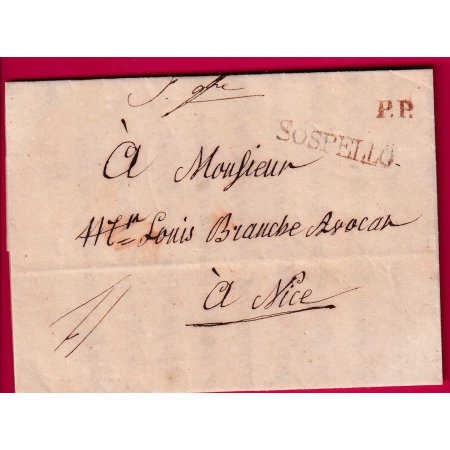MARQUE SARDE ROUGE PP SOSPELLO SOSPEL ALPES MARITIMES POUR NICE 1842 NIZZA ITALIE LETTRE COVER