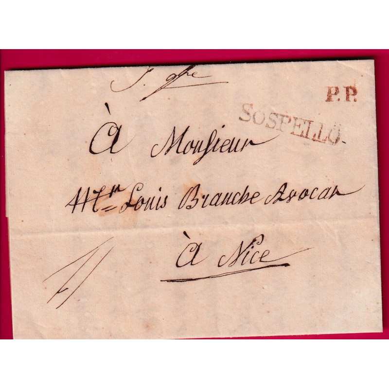 MARQUE SARDE ROUGE PP SOSPELLO SOSPEL ALPES MARITIMES POUR NICE 1842 NIZZA ITALIE LETTRE COVER