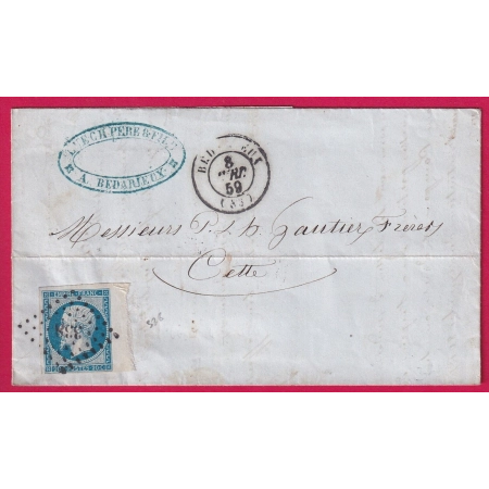 N°14 BDF TTB PC 338 BEDARIEUX HERAULT 1859 POUR CETTE LETTRE COVER