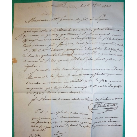 CAD TYPE 15A MONTFAUCON DU VELAY HAUTE LOIRE + CURSIVE DUNIERES POUR LYON RHONE 1844 LETTRE COVER FRANCE